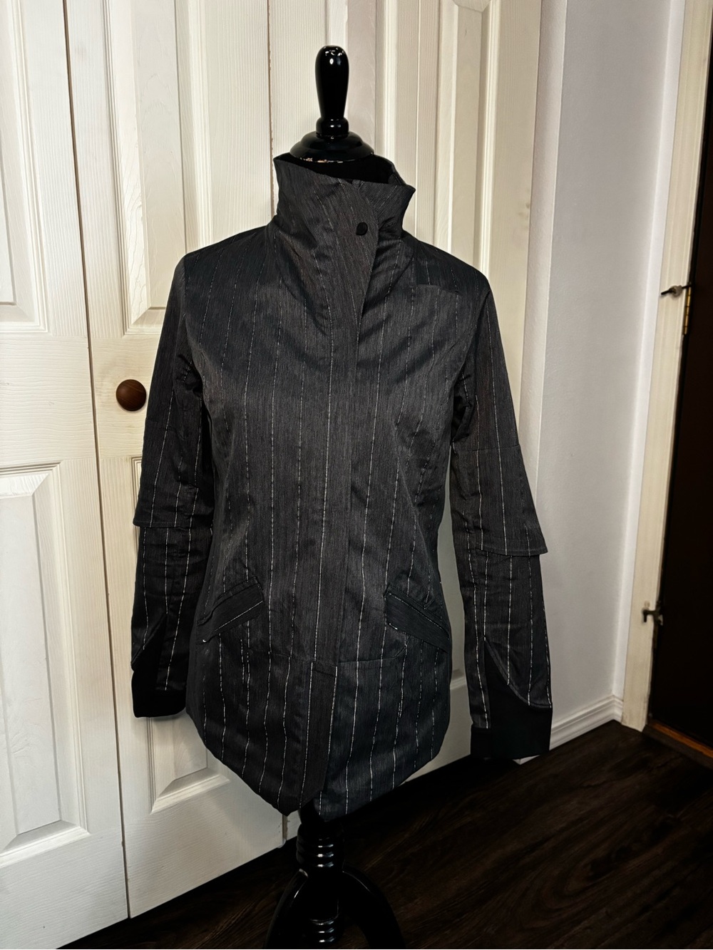 Brooks Pure Project Black Pinstripe High-Collar Utility Jacket